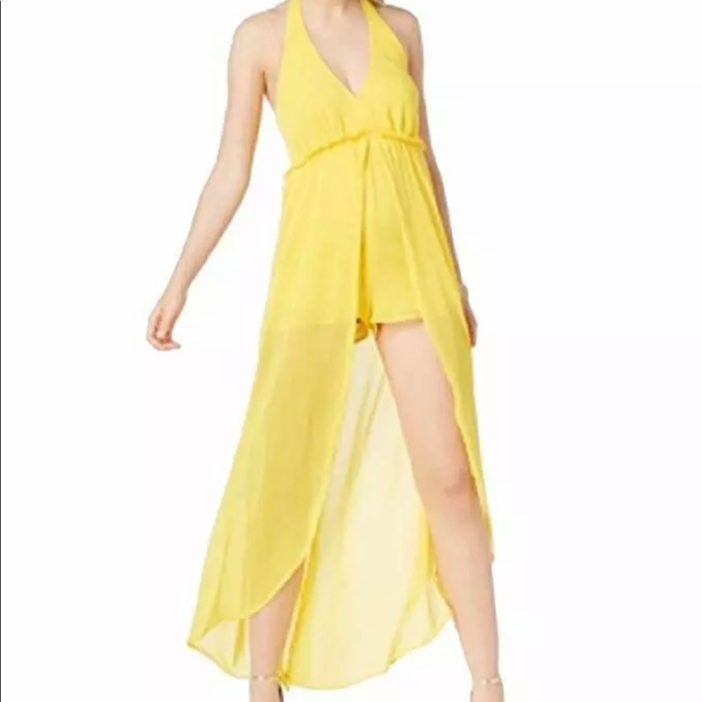 Material Girl Maxi Dress Halter Romper Sheer Dandellion Yellow Women